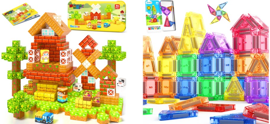 two colorful magnetic tiles sets