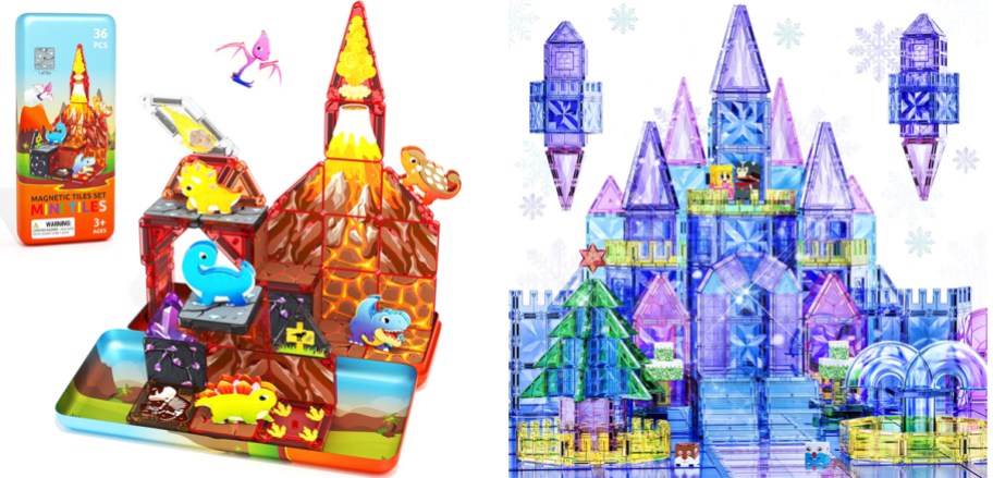dinosaur and princess castle magnetic tiles sets