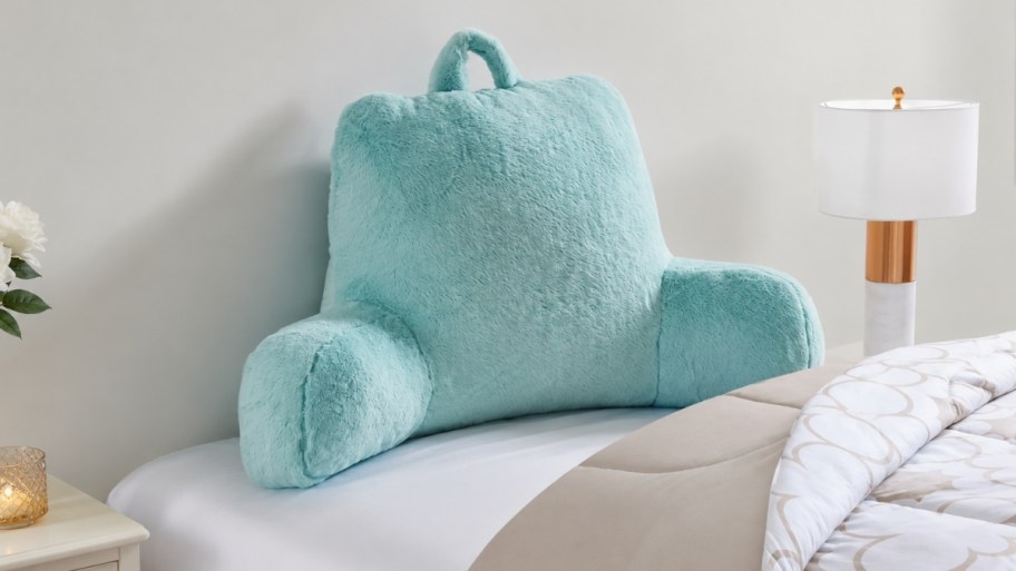 aqua colored faux fur backrest pillow 