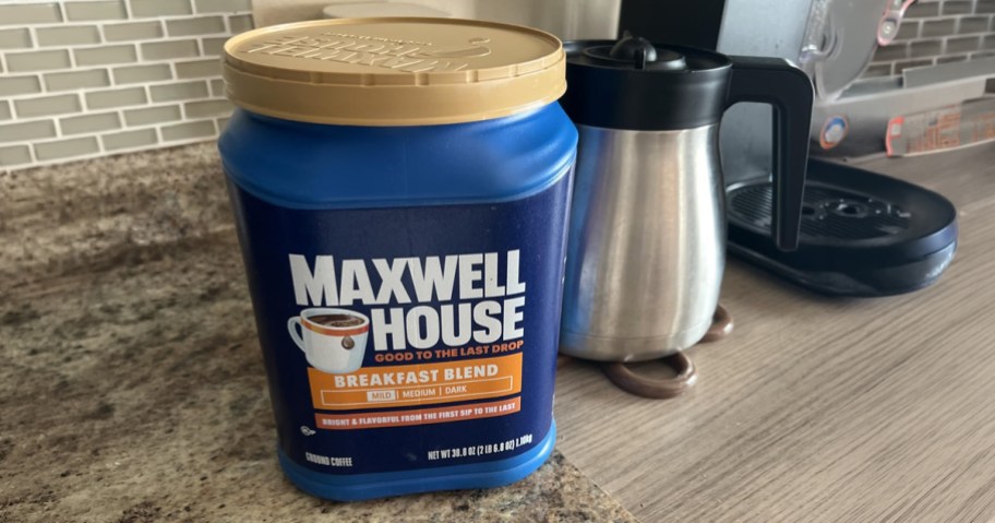 Maxwell House Breakfast Blend Coffee Canister on a kitchen counter