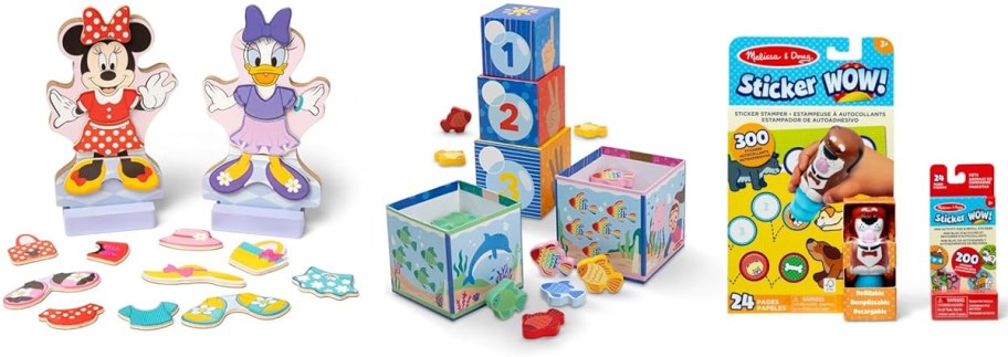 Melissa & Doug Disney Minnie Mouse Deluxe Wooden Magnetic Dress-Up Set, Melissa & Doug Ms. Rachel Sort and Count Nesting and Stacking Blocks, Melissa & Doug Sticker Wow! Dog Bundle 24-Page Activity Book