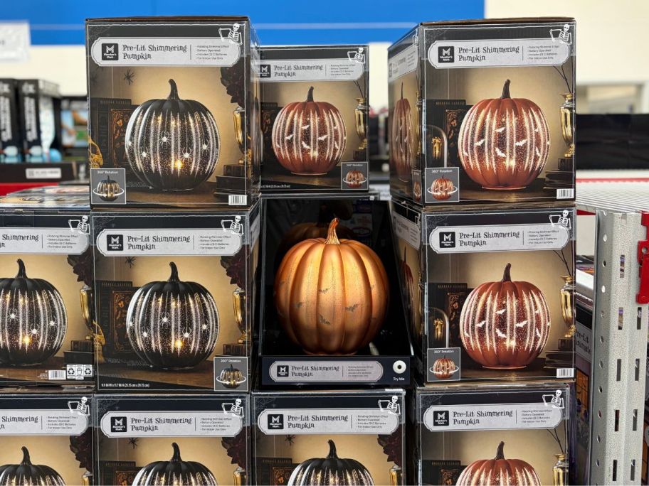 Member's Mark Pre-Lit Rotating Shimmer Pumpkin boxes in store