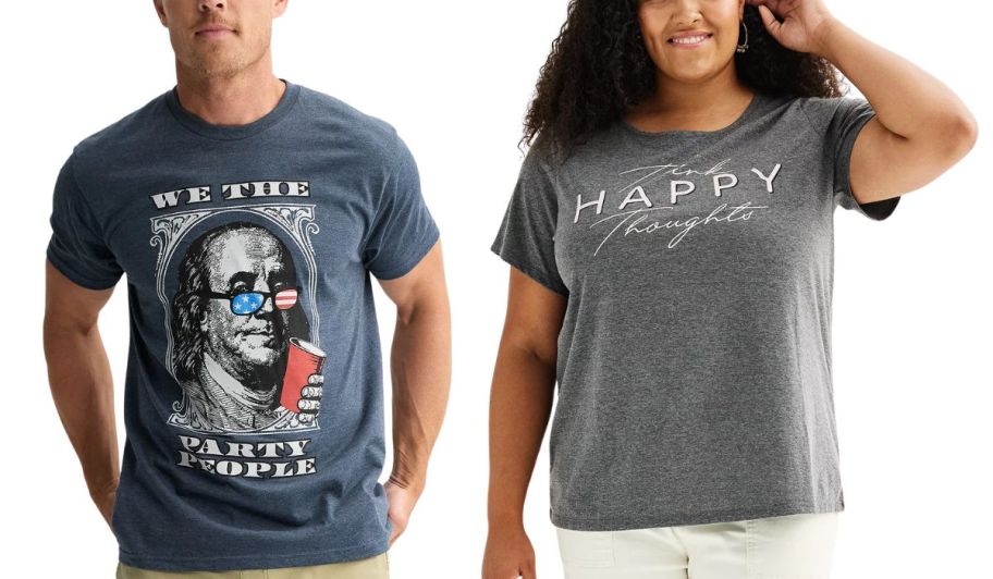man wearing a USA graphic tee and woman wearing a gray graphic tee