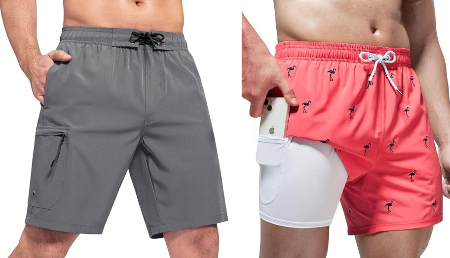 two men in grey and pink swim trunks
