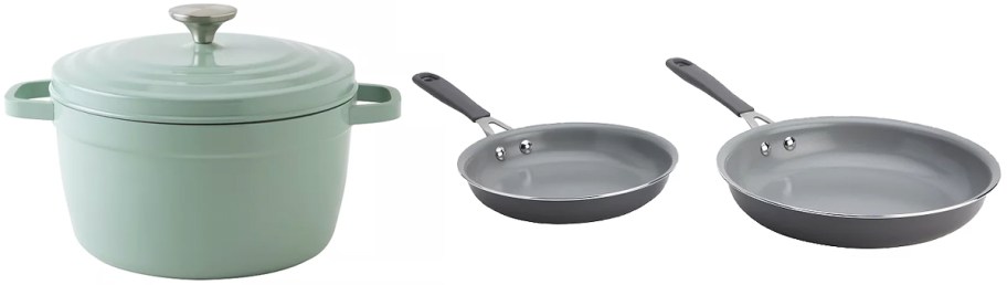 sage green dutch oven and frying pans set