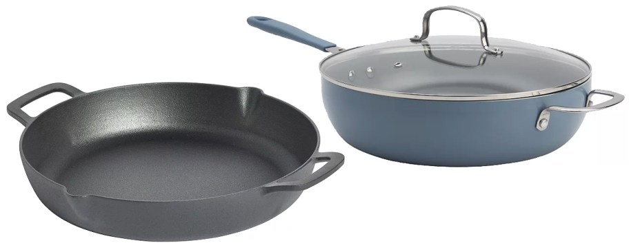 cast iron pan and blue deep skillet