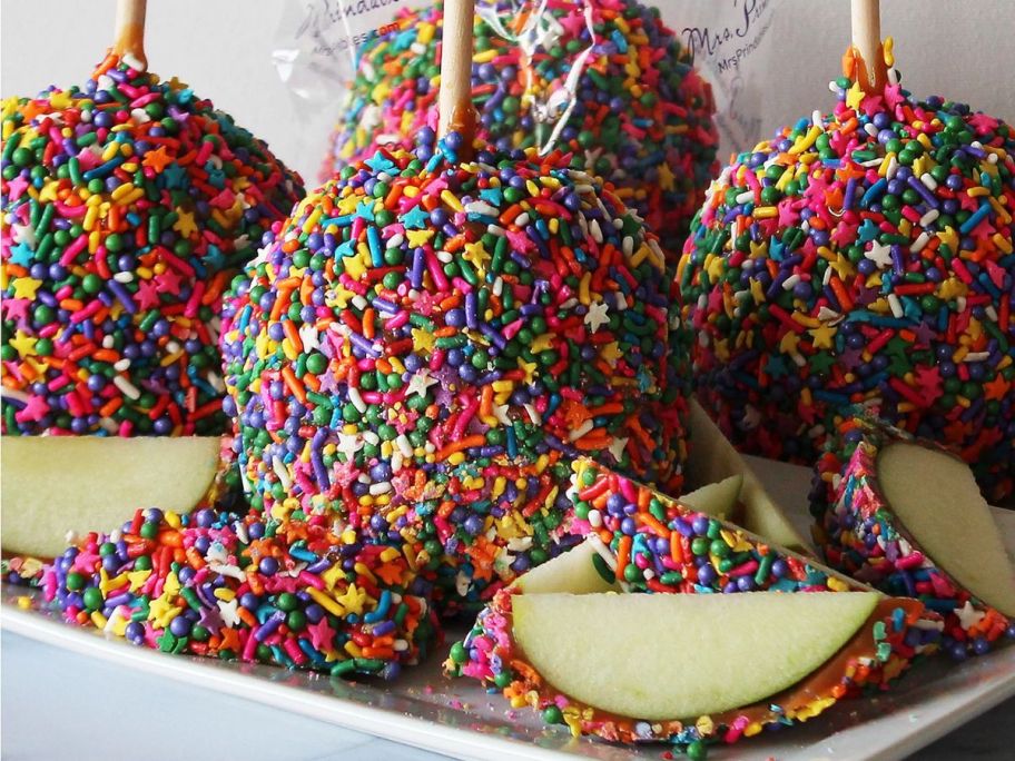 Mrs Prindables Large Caramel Apples with rainbow sprinkles