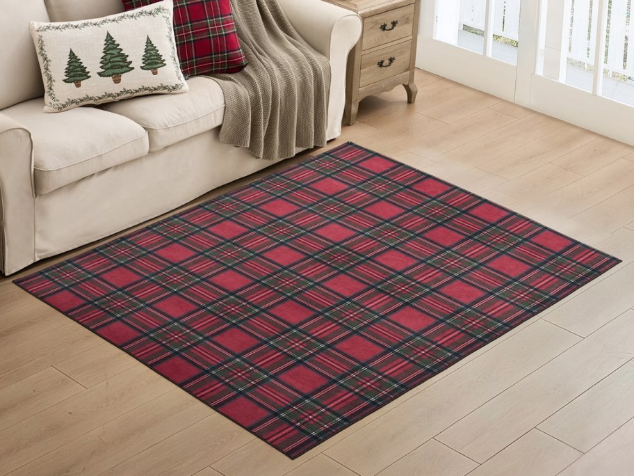 red white and green plaid a sofa