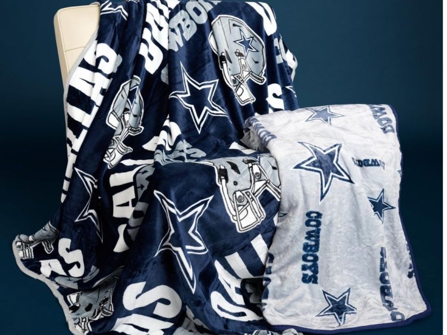 Dallas Cowboys Home and Away Design Throw Blankets Draped over a chair
