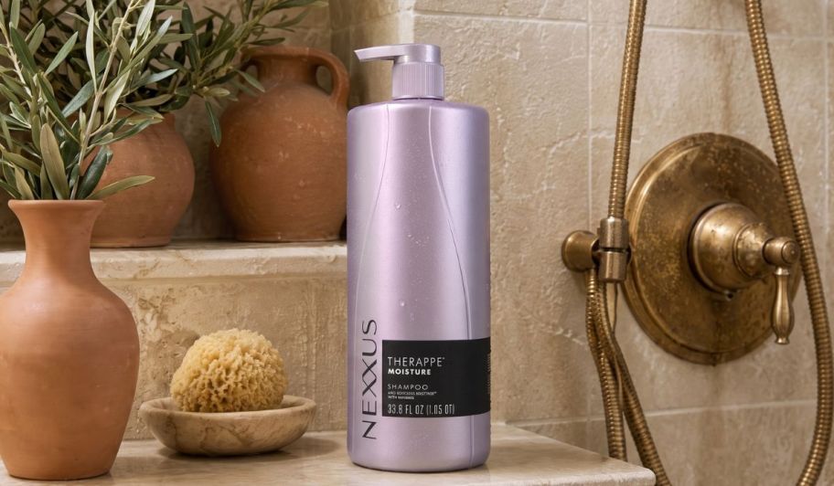 Nexxus shampoo on top of a bathroom counter