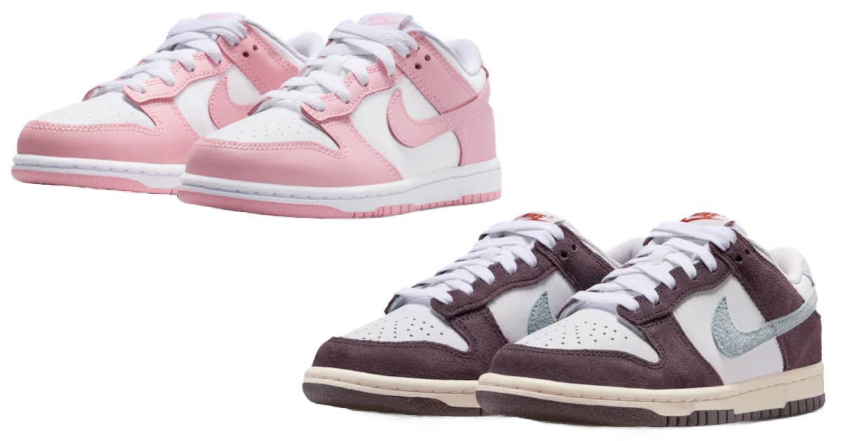 Pink and white Nike dunks and brown Nike dunks