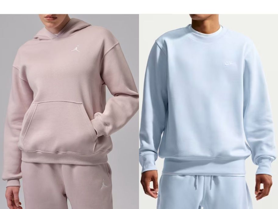Stock images of a woman and a man wearing Nike sweatshirts