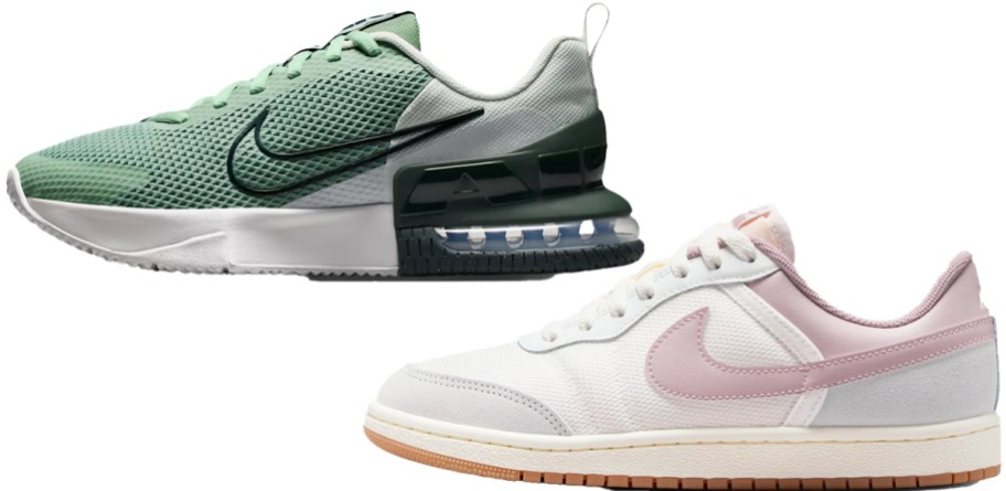 light green and white/pink nike shoes