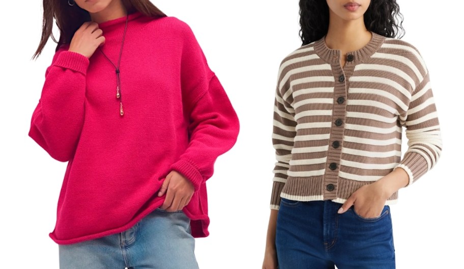 woman modeling pink oversized sweater and stripe buttondown