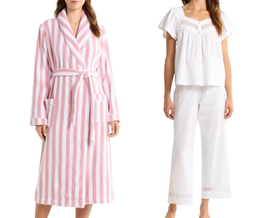 woman modeling pink stripe robe and white pajama set