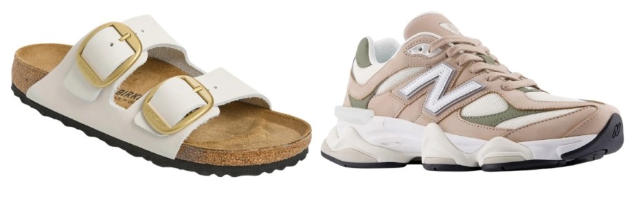 white birkenstock sandals and beige new balances sneakers on white background