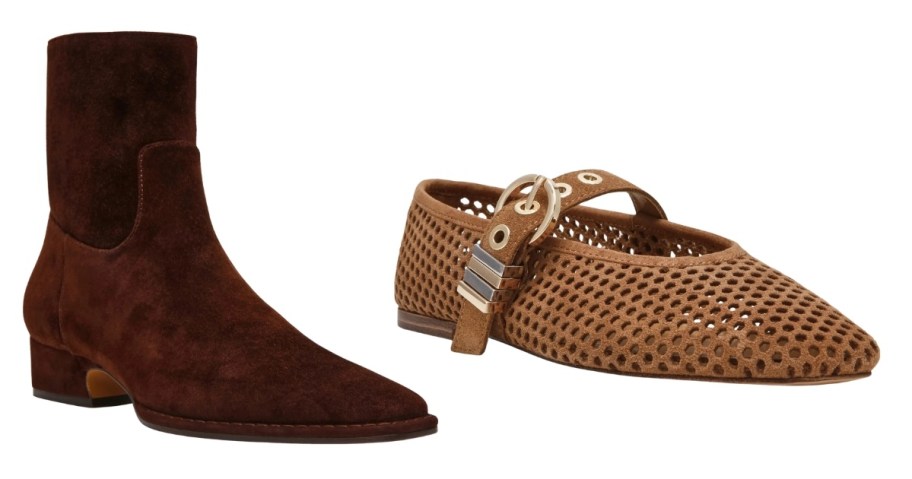 brown suede booties and camel brown perforated shoes