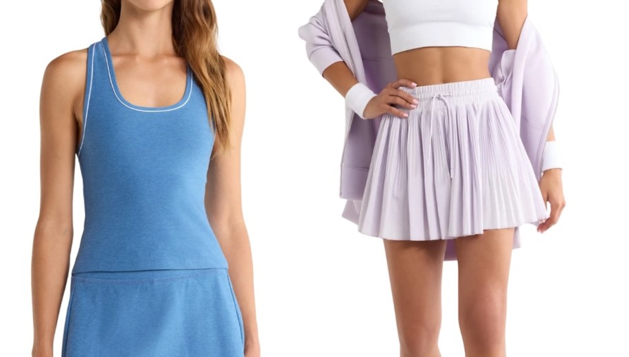 blue workout tank and pleated skirt on white background