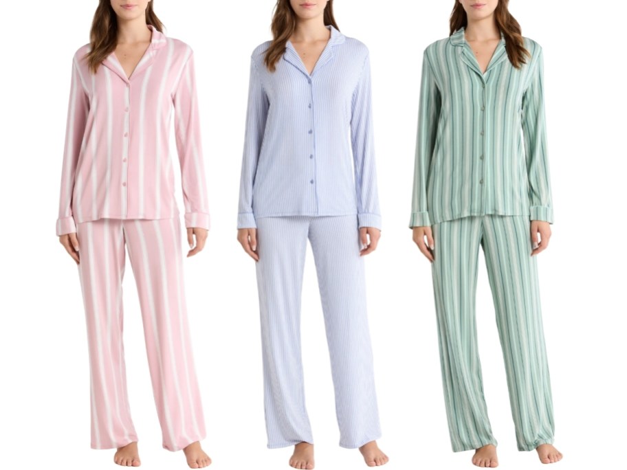 3 women in different colors of the same pajama set
