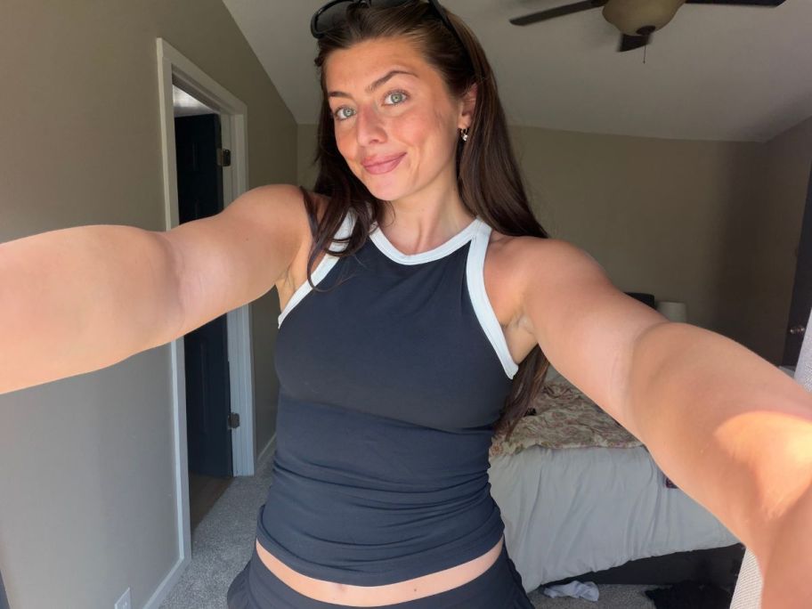 saylor wearing OFFLINE By Aerie Real Me Ringer High Neck Tank Top