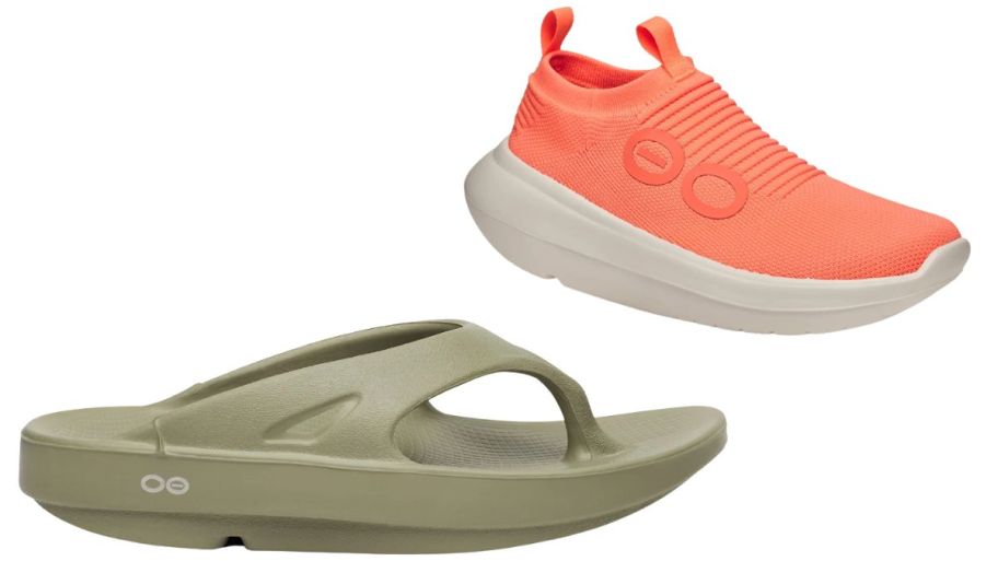 OOFOs men sandals in green and shoes in orange