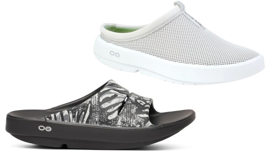 OOFOs women slides in black camo and white shoe slides