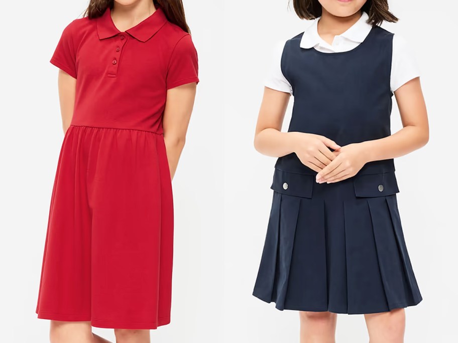 girls in red and blue uniform dresses