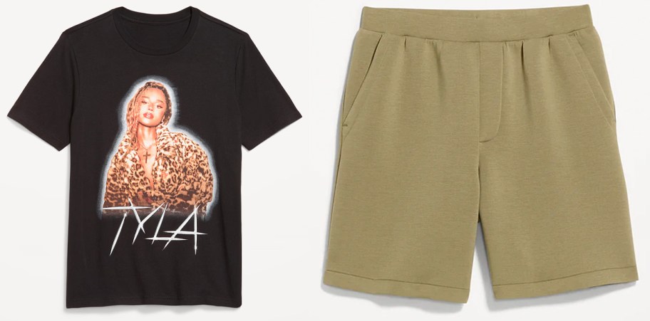 black graphic tee and tan shorts