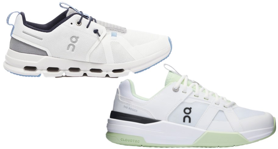 two pairs of white on cloud shoes