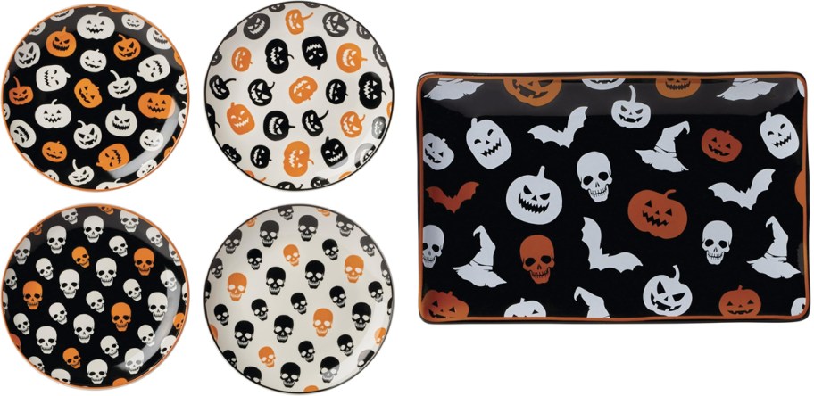 pumpkin and skull printed plates and tray