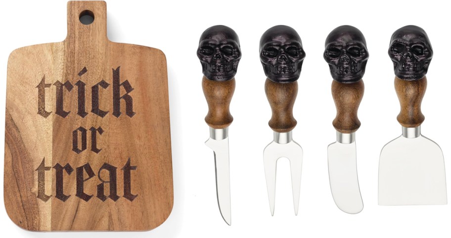wood board that says "trick or treat" and set of skull cheese knives