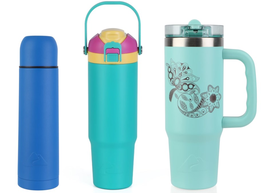 Ozark Trail 18oz Thermal Water Bottle 30oz Dual Lid Tumbler, 30oz Tumbler w: Handle & Flip Straw