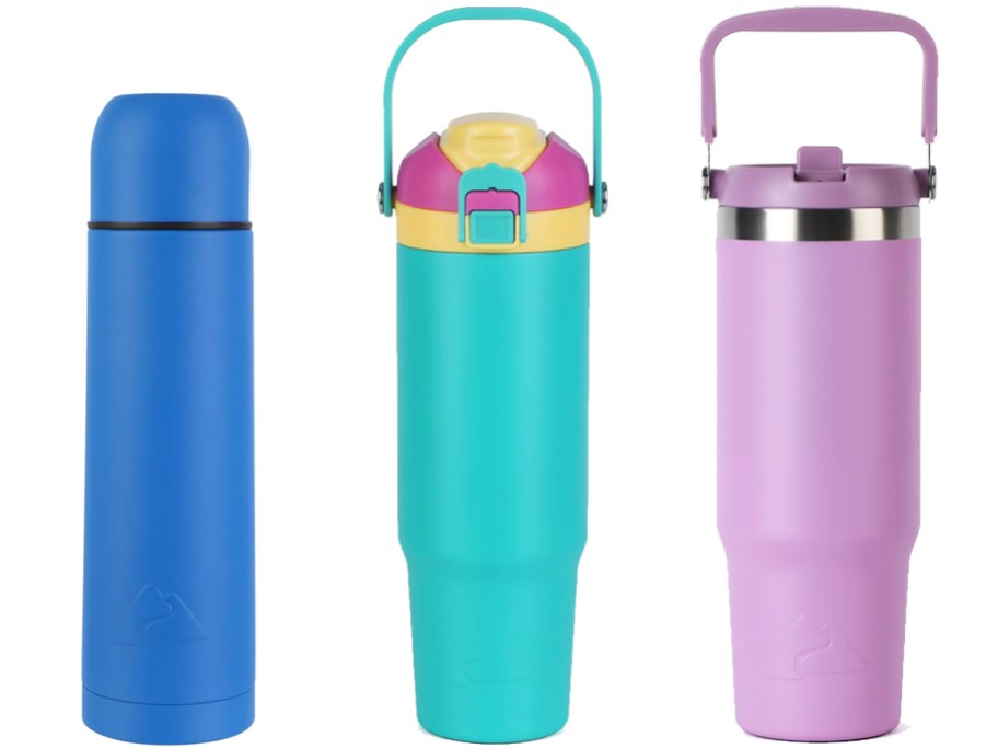 blue, teal, and purple water bottles and tumblers