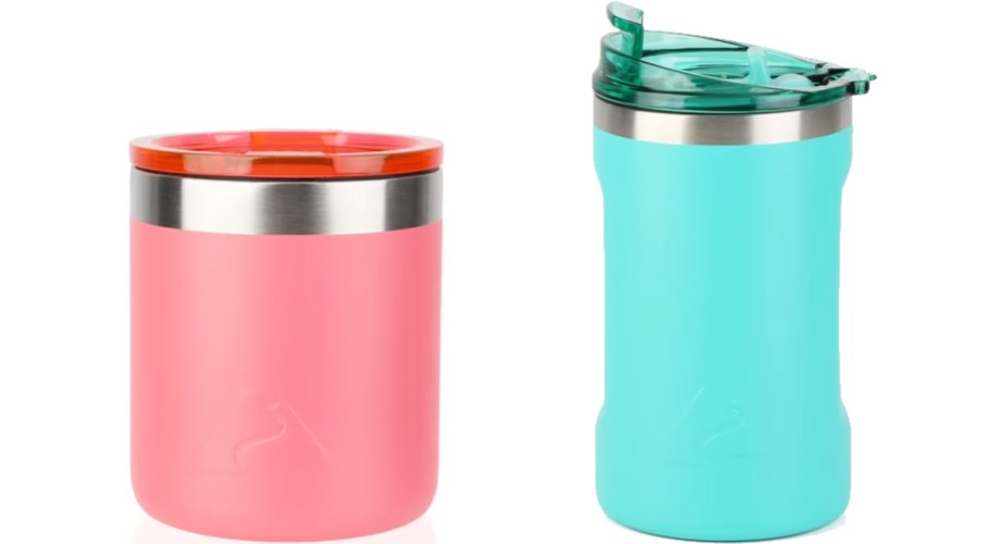 coral and aqua colored lowball tumblers