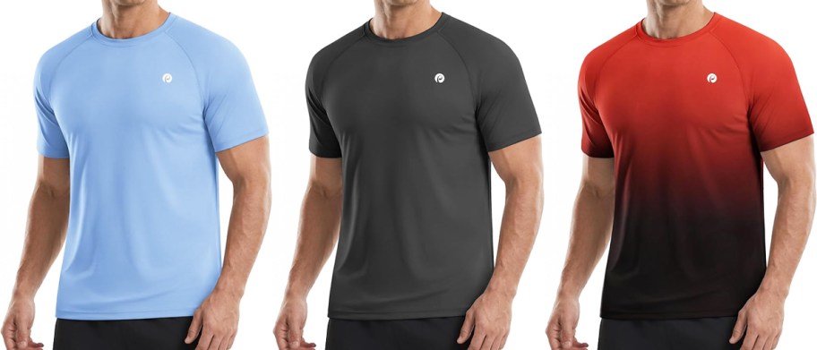 men in blue, black, and red athletic tees