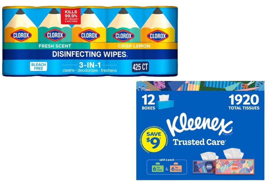 Pack of Clorox Wipes and pack of Kleenex Tissue Boxes