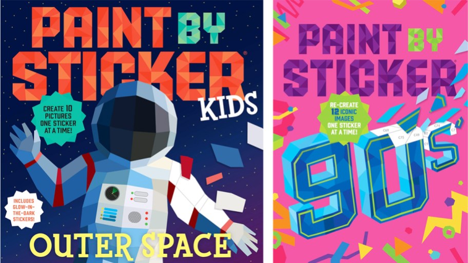 Paint by Sticker outer space and 90's book covers