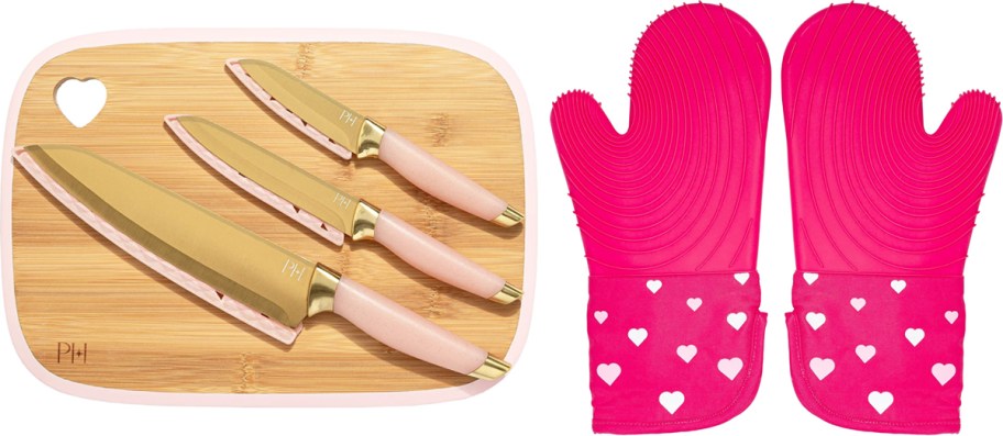 pink kitchen knife set and pink oven mitts
