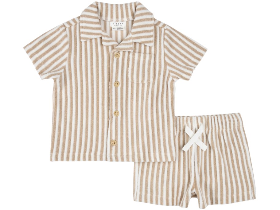Petit Lem Stripe Terry Camp Shirt & Shorts Set