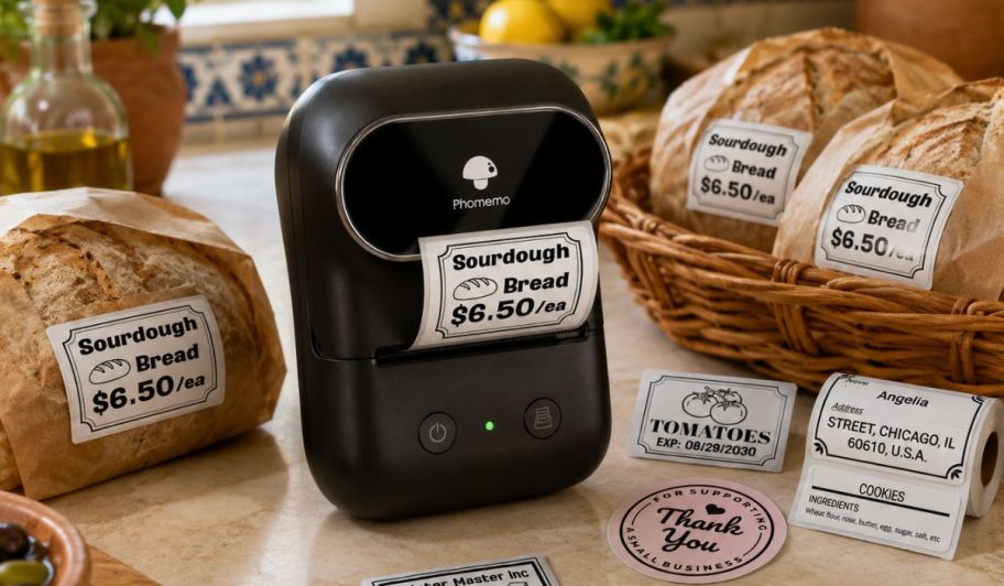 black label maker with sourdough bread packaged in the background on top of a table