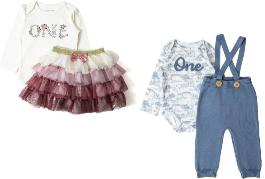Stock images of girls and boy's Picolette first birthday outfits