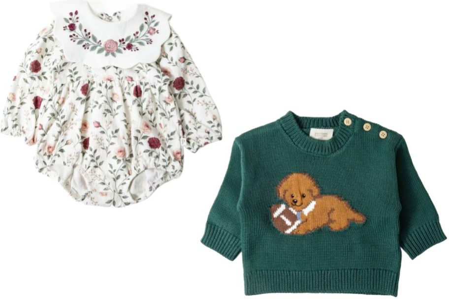 Stock images of picolette Girls Floral Romper and Boys Dog Sweater