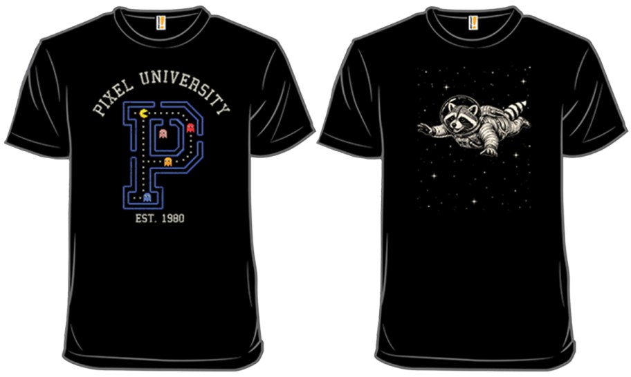 Pixel University Graphic Tee and Astronaut Raccoon Graphic Tee