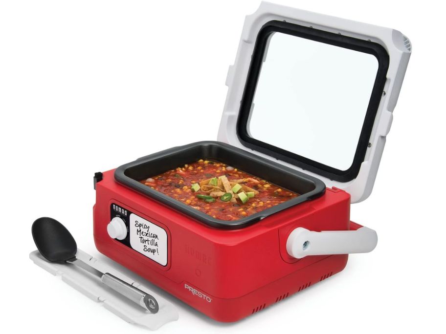 Stock image of a Presto Nomad 6-quart travel slow cooker filled with Chili