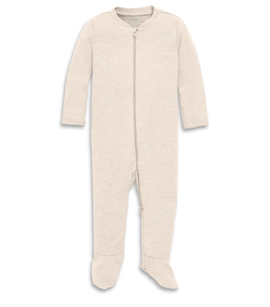 neutral baby sleeper footie on white background