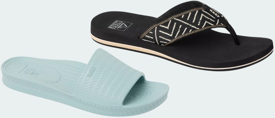 womens light aqua slide and black and tan flip flop