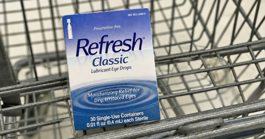 box of Refresh Eye Drops in a shopping cart