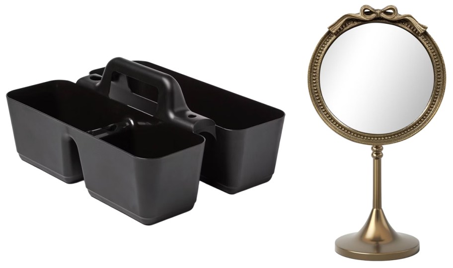 Room Essentials Large Plastic Dorm Shower Caddy and Brass Makeup Mirror with Bow