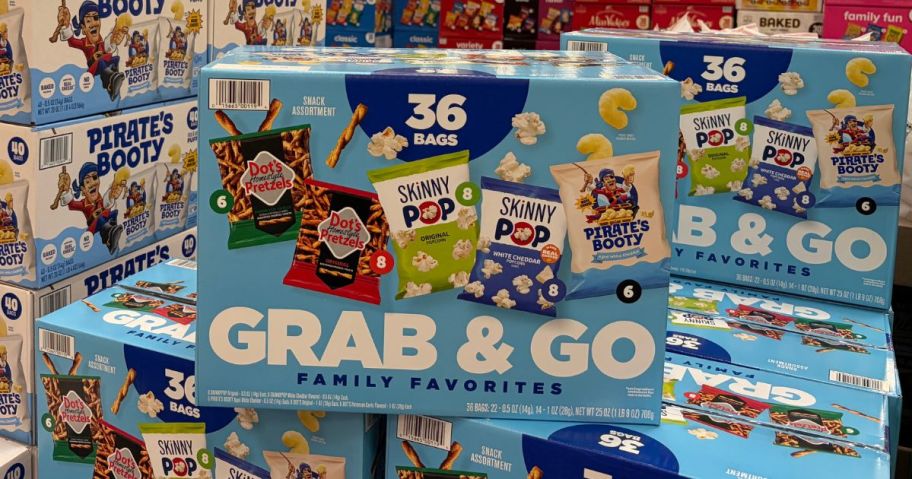 Stock images of a variety pack box of Skinny Pop, Dots Pretzels and Pirate's Booty