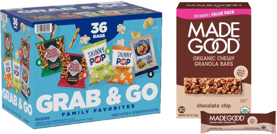 Stock images of Skinny Pop, Dot's Pretzels and Pirates Booty Snack Variety Pack and MadeGood Chocolate Chip Granola Bars 30-Count box
